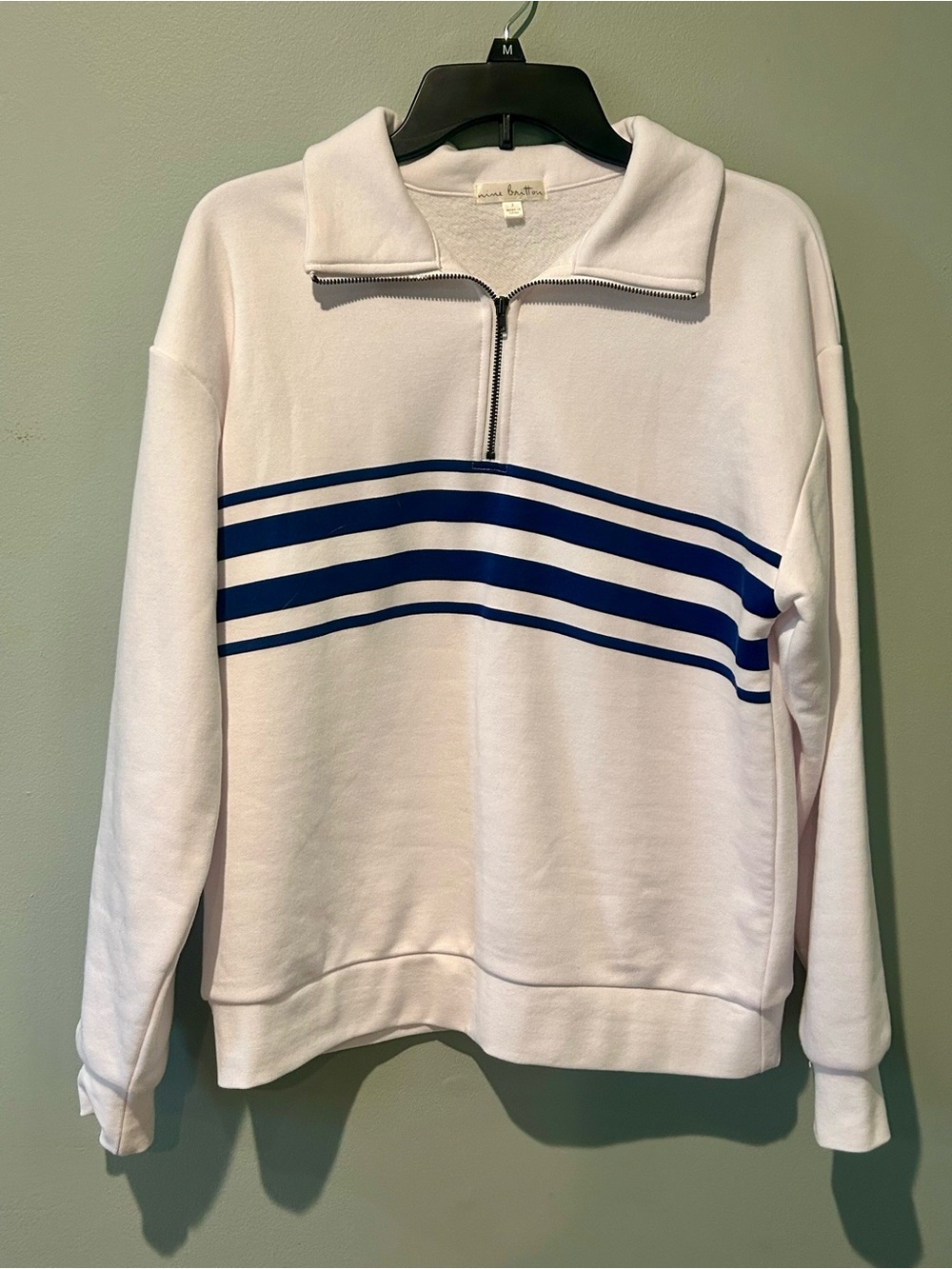 Nine Britton Haven Quarter Zip Fleece Sweatshirt White with Blue Stripe Small